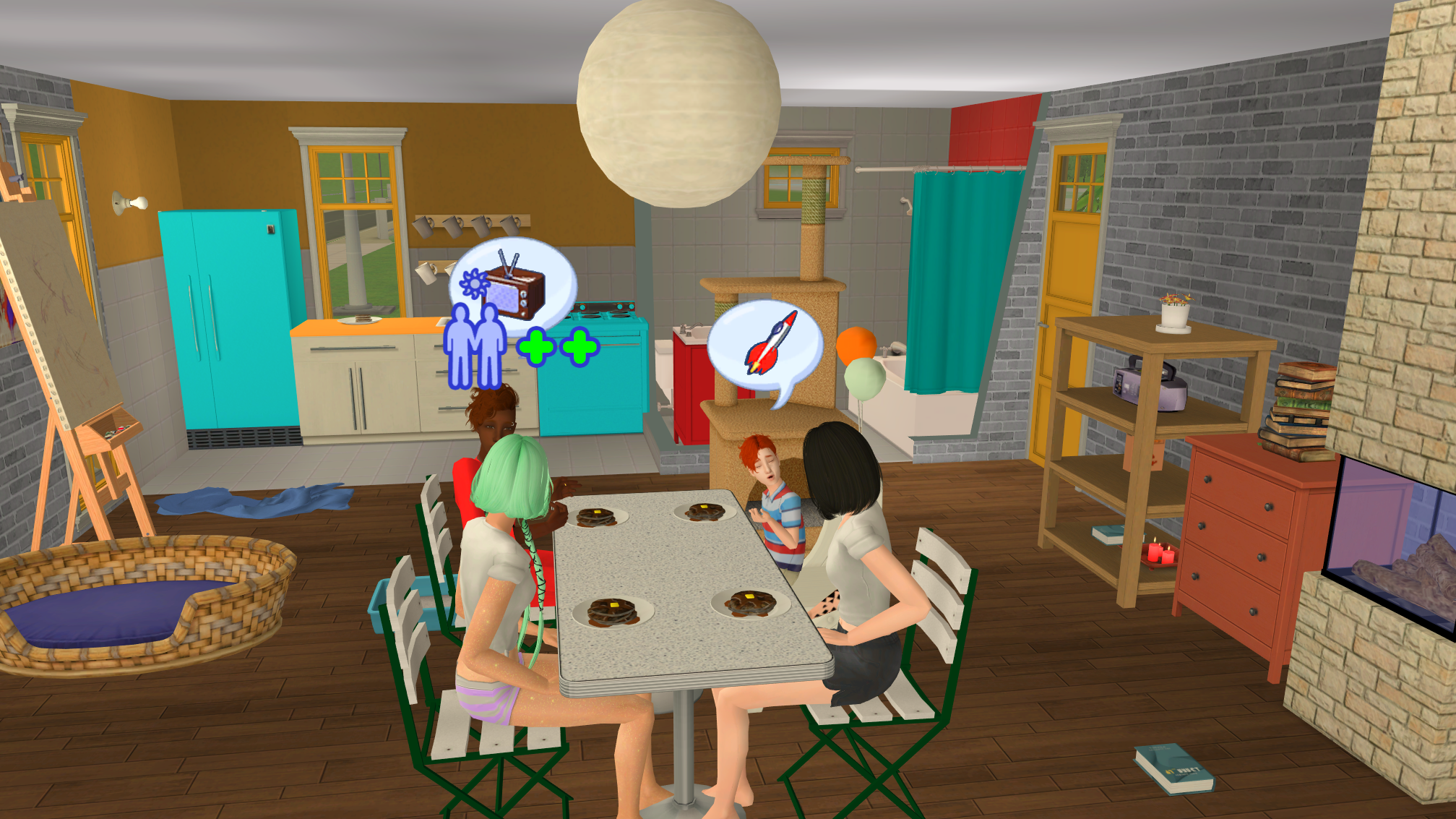 A screenshot of The Sims 2 (Maxis, 2004). A sim child chatting with three parents over dinner in the community space.