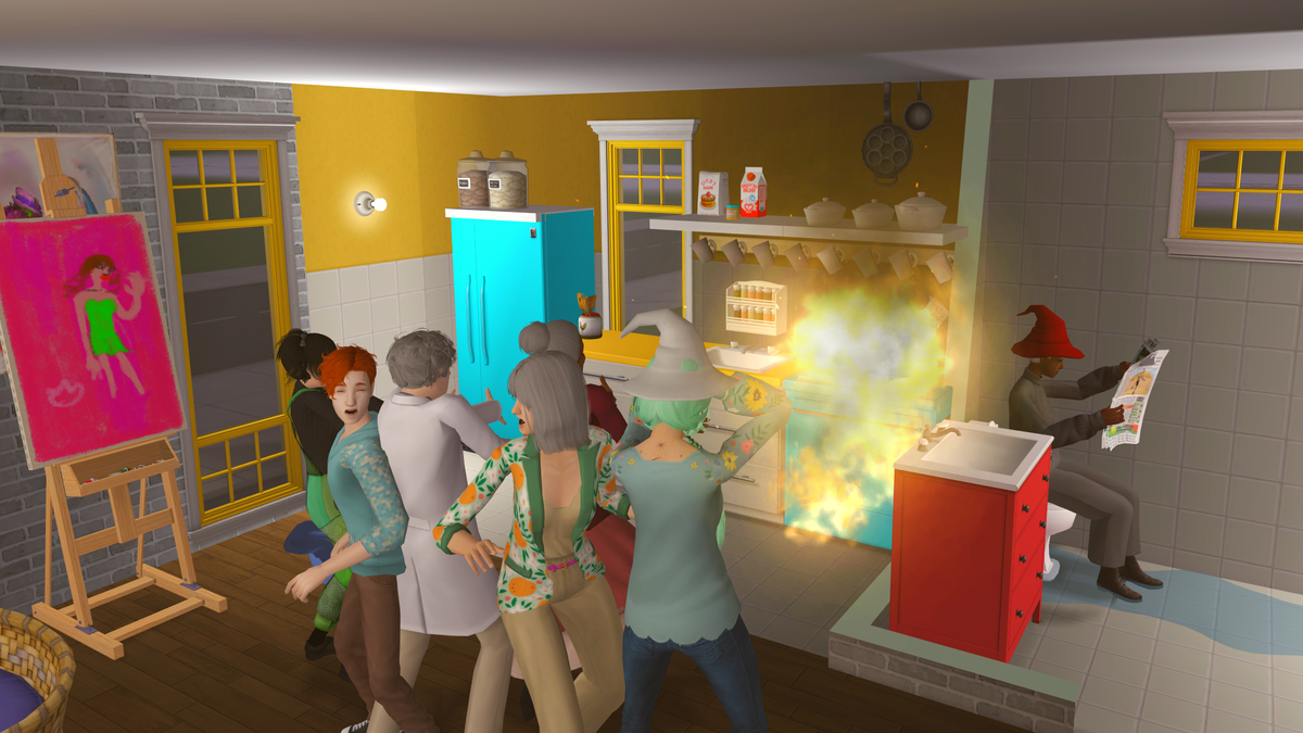 A screenshot of The Sims 2. To the left, a group of sims fretting over their stove being on fire. To the right, a witch reading the newspaper while using a clogged toilet.